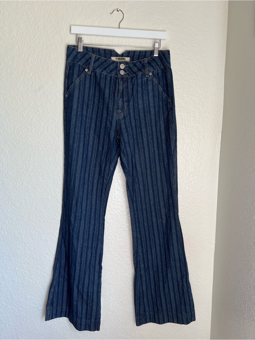 Rock & Roll Denim Women's High Rise Trouser Jeans Dark Wash Blue Striped